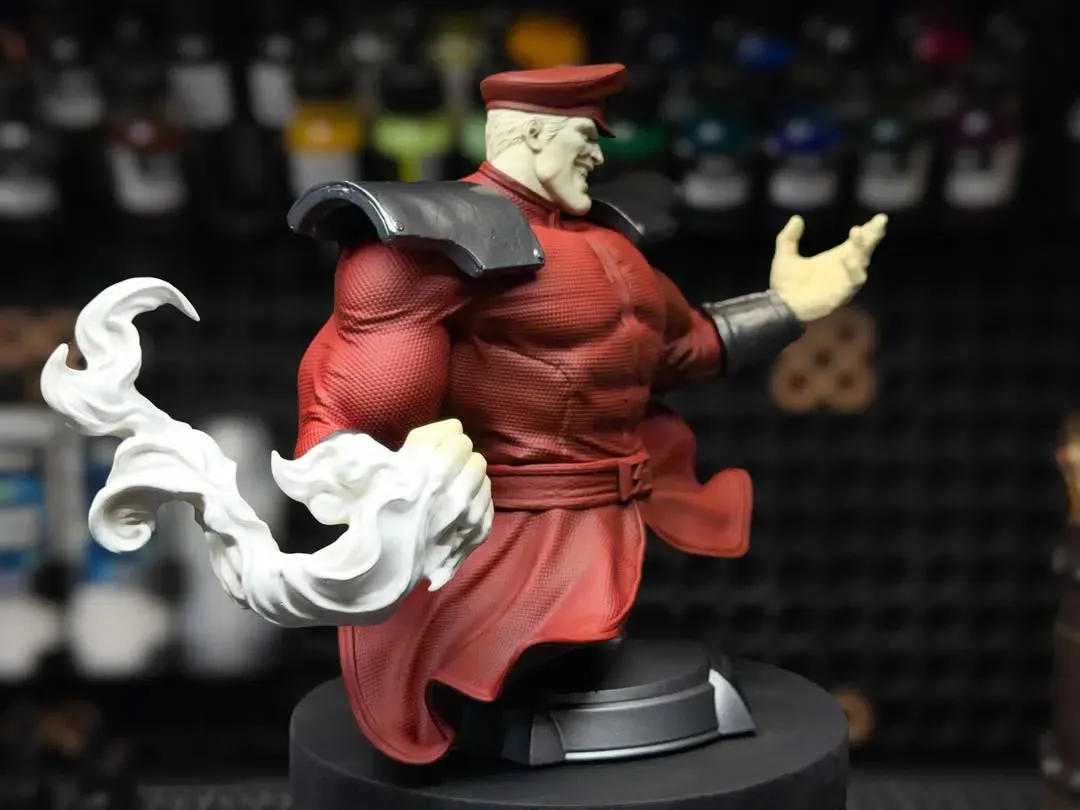 M. Bison bust, detail of the blocked-in armor